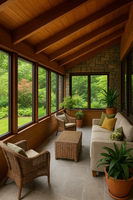 A sunroom with tile floor ad wooden beams contains patio furniture and potted plants