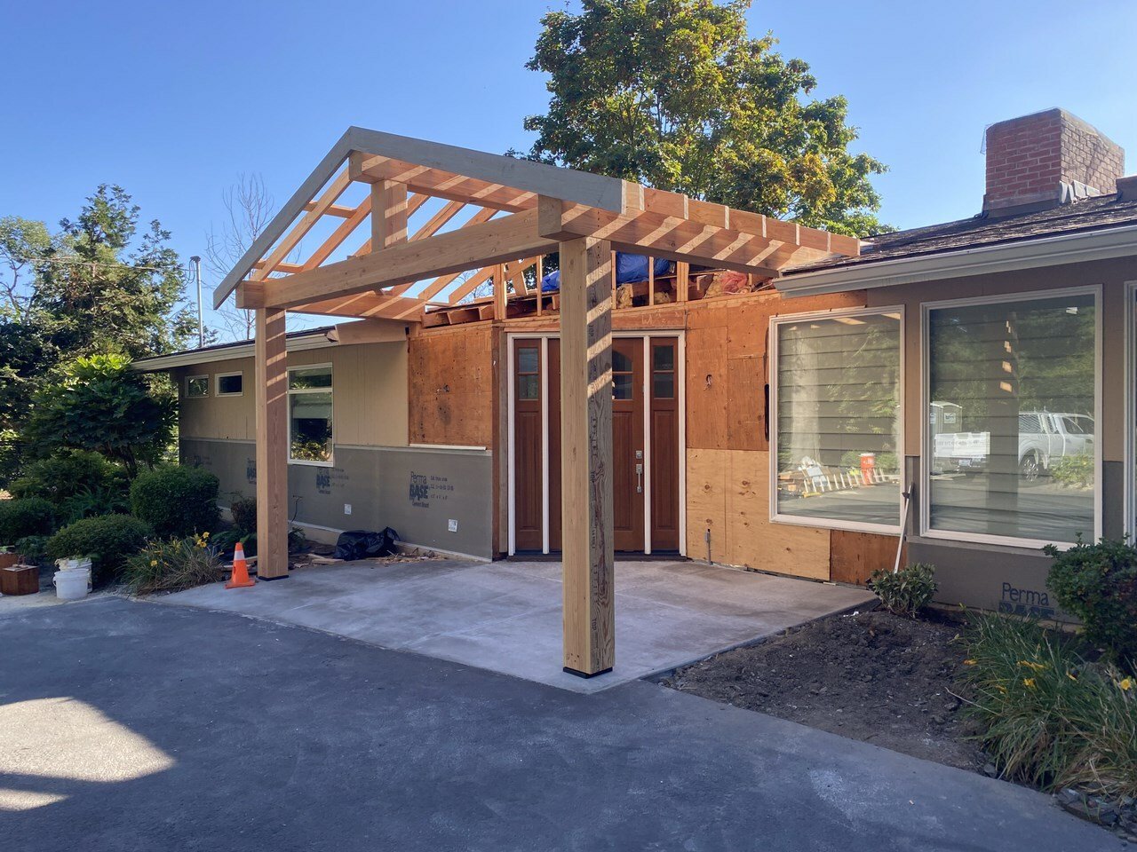 Front facade being built - exposed timber