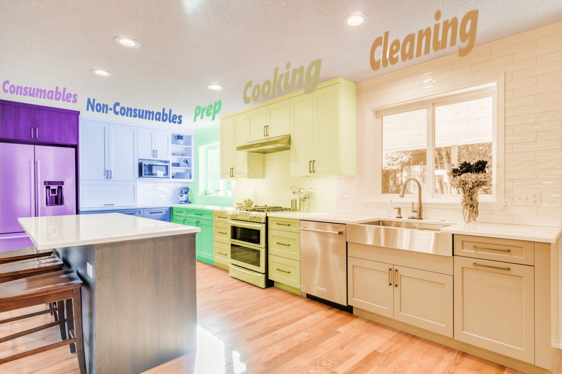 Kitchen work zones from left to right: consumables, non-consumables,  prep, cook, clean