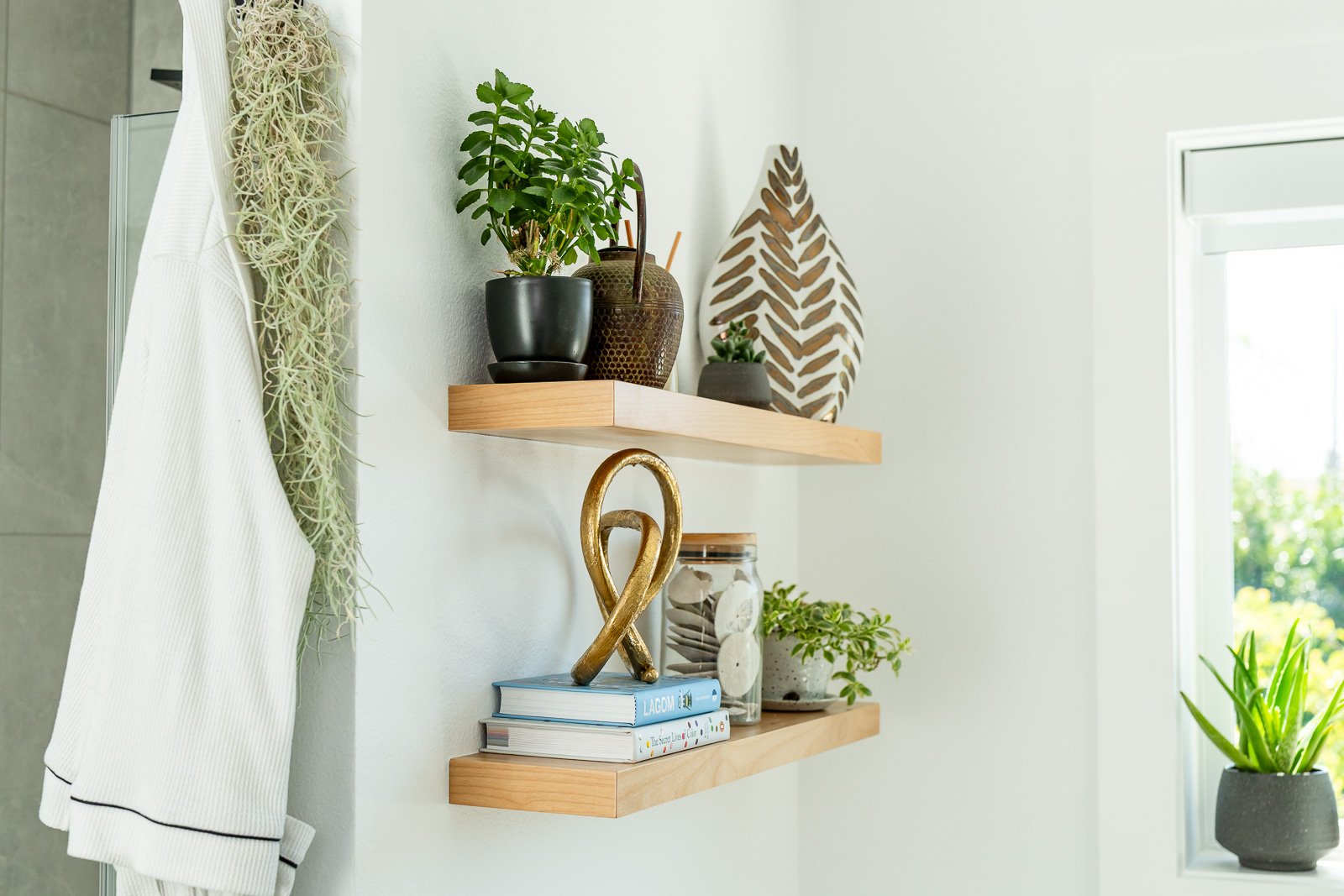 Floating shelves, books, and plants