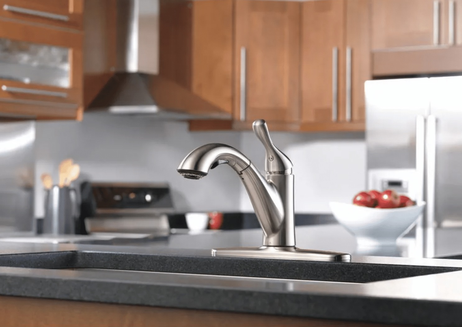 plumbing fixtures: good quality brushed nickel faucet with single handle